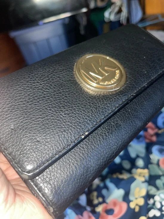 Michael Kors Black Leather Wristlet with Gold MK Medallion - Picture 5 of 6